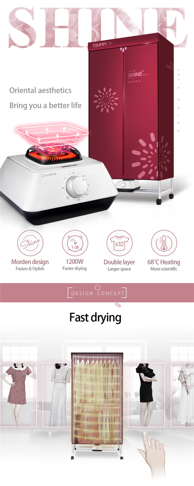 1200W 2-Layer Electric Clothes Dryer Stainless Steel PTC Heating